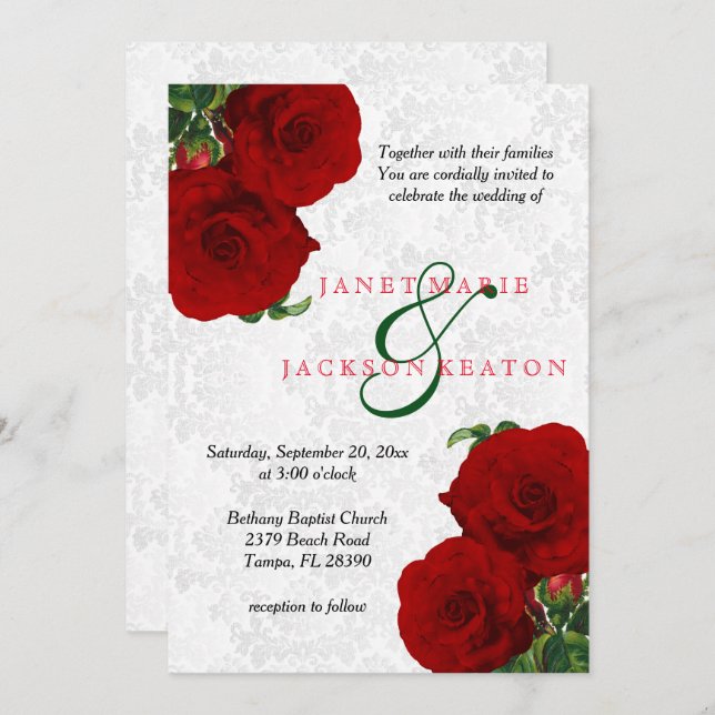 Deep Red Rose Floral Wedding Invitation (Front/Back)