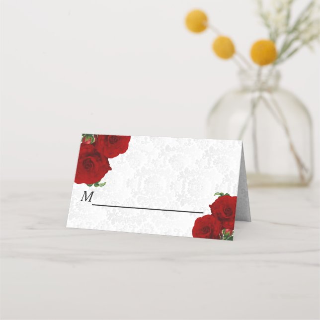 Deep Red Rose Floral Wedding Place Card (Front)