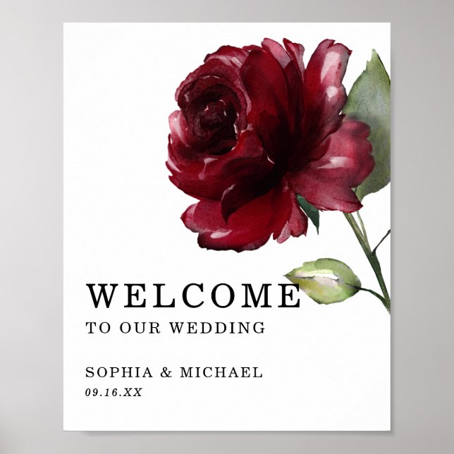 Deep Red Rose Floral Wedding Welcome Sign (Front)