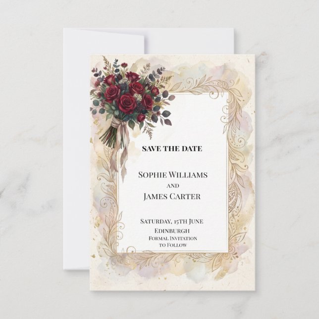 Deep Red Rose Gold Flourish Save the Date (Front)