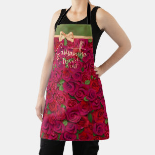 Deep Red Rose Pattern I Love You With Custom Name Apron