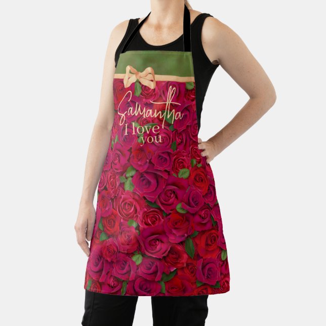 Deep Red Rose Pattern I Love You With Custom Name Apron (Insitu)