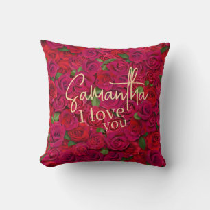 Deep Red Rose Pattern I Love You With Custom Name Cushion