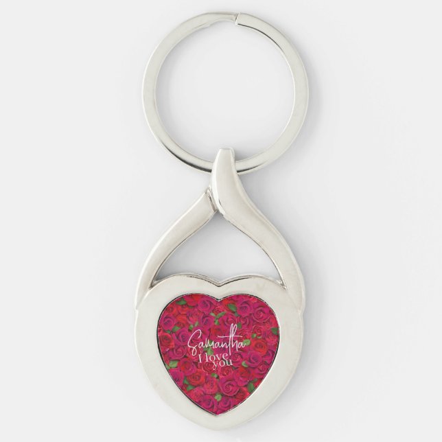 Deep Red Rose Pattern I Love You With Custom Name Key Ring (Front)