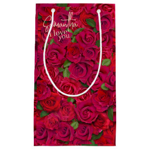 Deep Red Rose Pattern I Love You With Custom Name Small Gift Bag