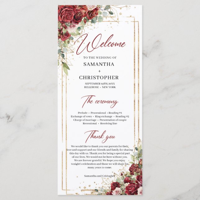 Deep Red roses blush flowers eucalyptus program Programme (Front)