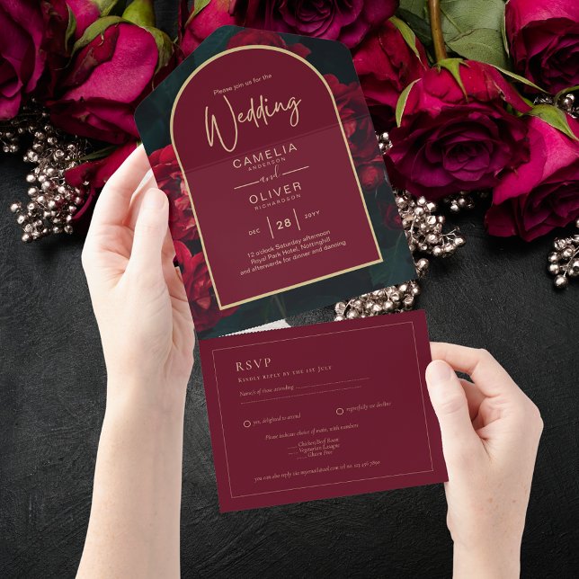 Deep Red Roses Forest Green Winter Wedding All In One Invitation (Creator Uploaded)