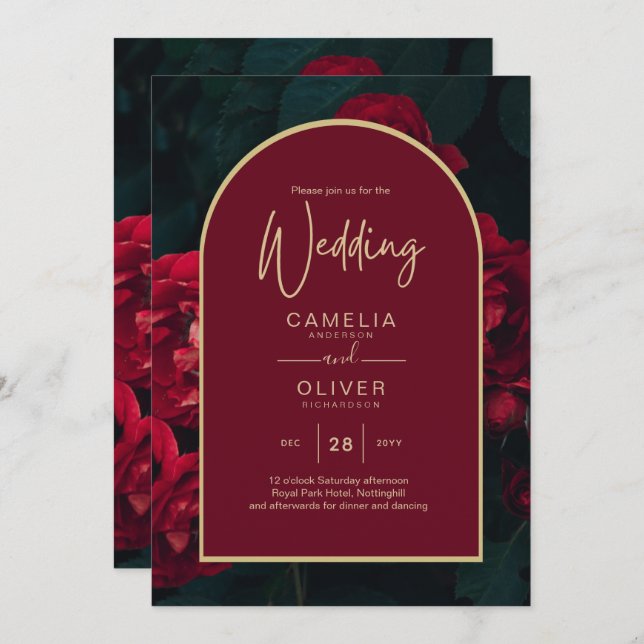 Deep Red Roses Forest Green Winter Wedding Invitation (Front/Back)