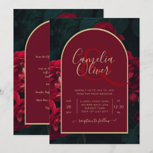 Deep Red Roses Forest Green Winter Wedding Invitation