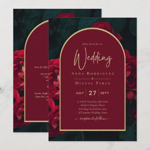 Deep Red Roses Forest Green Winter Wedding Invitation