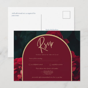 Deep Red Roses Forest Green Winter Wedding RSVP Postcard
