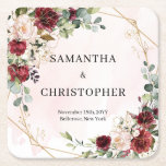 Deep Red roses fresh greenery gold wedding Square Paper Coaster<br><div class="desc">Step into a world of unparalleled elegance with the enchanting Blush Burgundy Roses, Eucalyptus, and Gold Frame Wedding Stationery Collection. From the delicate blush burgundy roses that symbolise love and passion to the fresh eucalyptus leaves exuding a sense of tranquillity, each detail of this collection is meticulously crafted to reflect...</div>