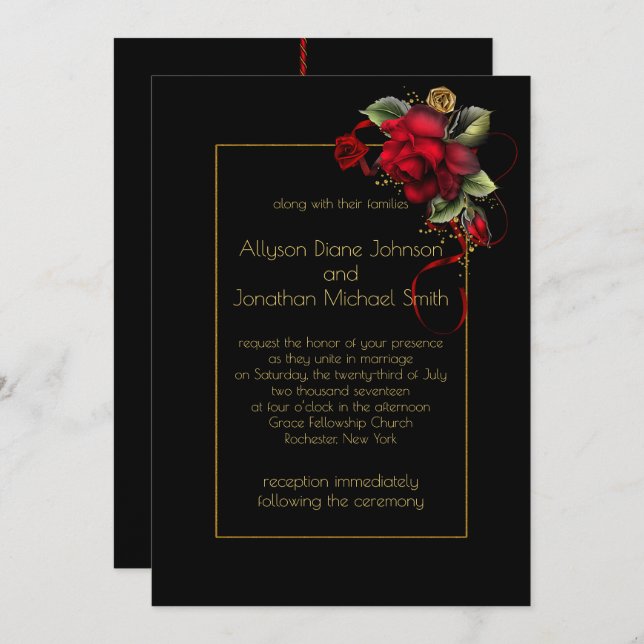 Deep Red Roses Greenery Gold Sparkles Wedding | Invitation (Front/Back)