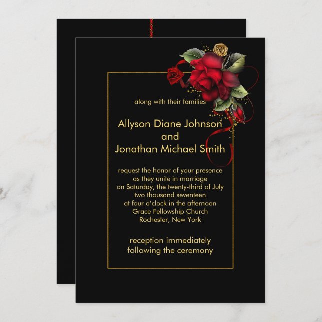 Deep Red Roses Greenery Gold Sparkles Wedding | Invitation (Front/Back)