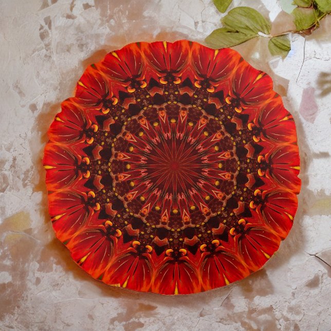 Deep Red Rudbeckia Floral Mandala Round Cushion (Creator Uploaded)