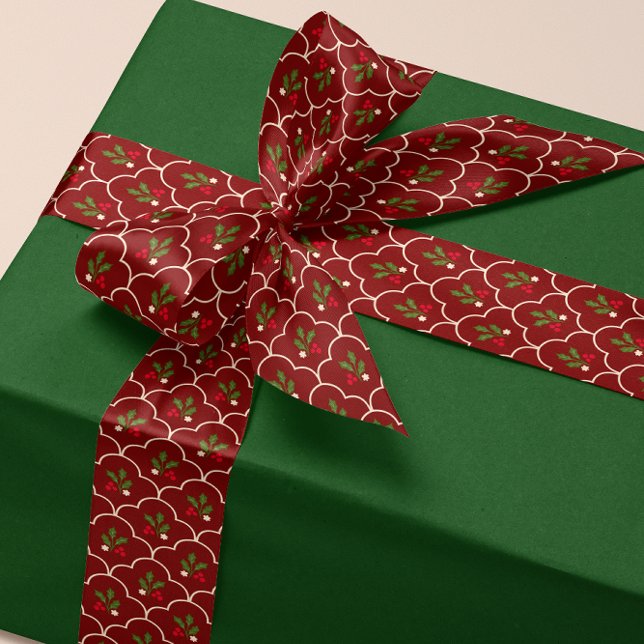 Deep Red Scallop Holly Branch Berries Christmas Satin Ribbon (Grand millennial style ribbon with deep red scallops and festive Christmas holly sprig pattern)