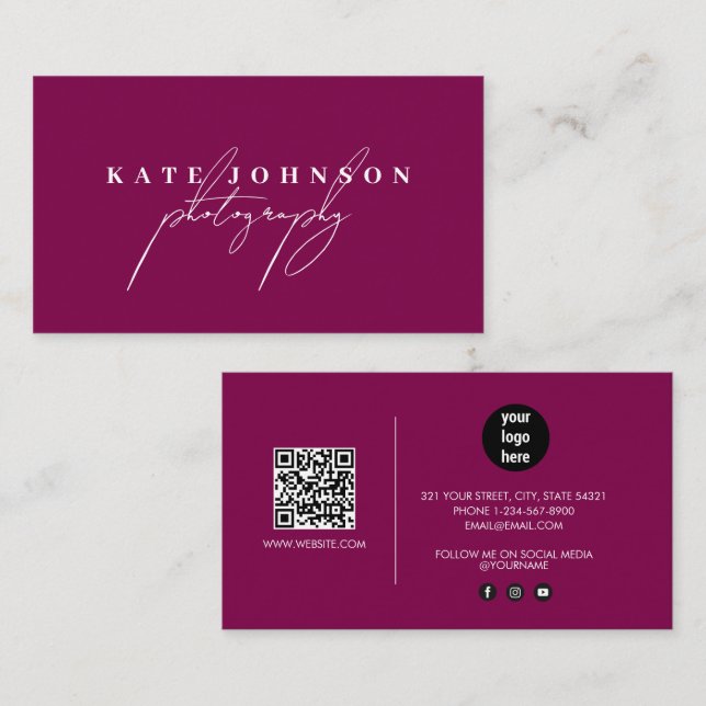 Deep Red Signature Script QR Code Social Media Business Card (Front/Back)