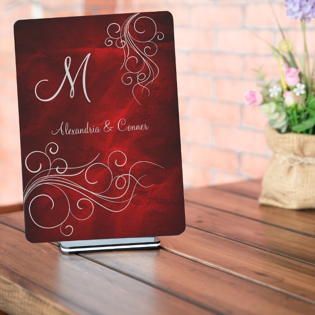 Deep Red Silver Swirl Monogram Formal Wedding Invitation (Creator Uploaded)