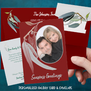 Deep Red & Soft green leaves minimal Christmas Holiday Card