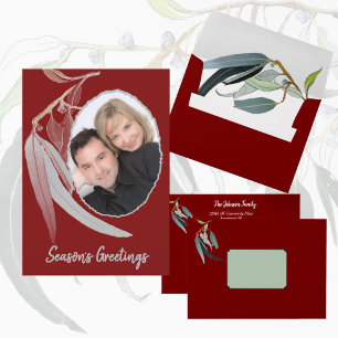 Deep Red & Soft green leaves minimal Christmas Holiday Card