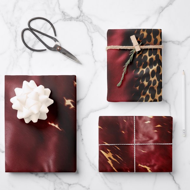 Deep Red Southwest Cowhide Wrapping Paper Sheet (Front)