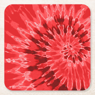 Deep Red Spiral Tie Dye Square Paper Coaster