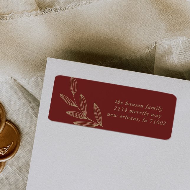 Deep Red Sprout Return Address Label (Hand-drawn sprout botanical maroon red return address label.)