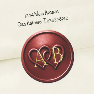Deep Red Two Hearts Intertwined Monogram Wedding Classic Round Sticker