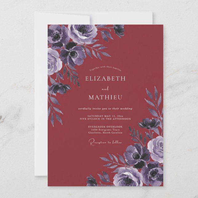 Deep Red Violet Leaf Wedding Invitation (Front)