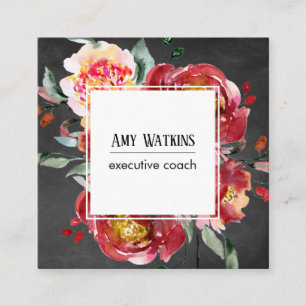 Deep Red Watercolor Floral Chalkboard Social Icons Square Business Card