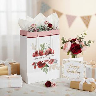 Deep red watercolor floral personalised medium gift bag