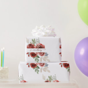 Deep red watercolor floral personalised wrapping paper