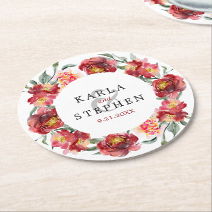 Deep-red Watercolor Garden Flowers Wreath Round Paper Coaster