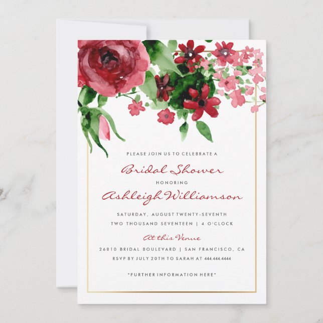Deep Red Watercolor Rose Bridal Shower Invitation (Back)
