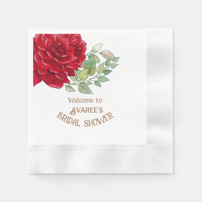 Deep Red Watercolor Roses Bridal Shower  Napkin (Front)