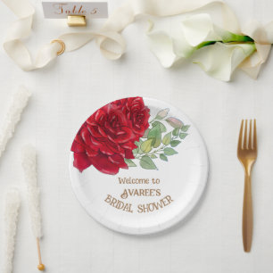 Deep Red Watercolor Roses Bridal Shower Paper Plate