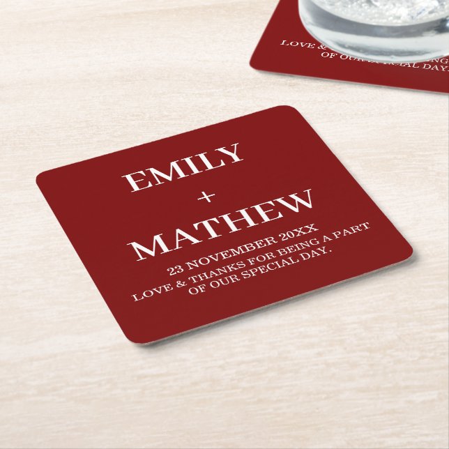 DEEP RED WHITE CUSTOM NAME SIMPLE STYLISH WEDDING SQUARE PAPER COASTER (Angled)