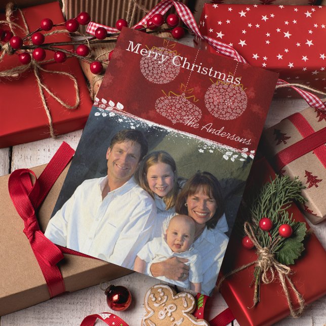 Deep Red & White Ornaments Family Christmas Photo Holiday Postcard (Creator Uploaded)