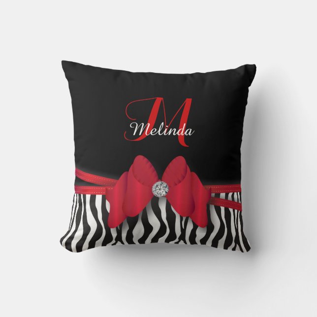 Deep Red Zebra Striped Bowed | Personalised Cushion (Front)