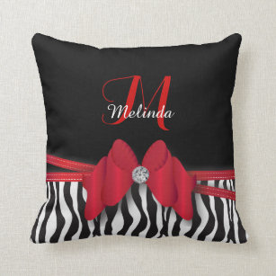 Deep Red Zebra Striped Bowed   Personalised Cushion