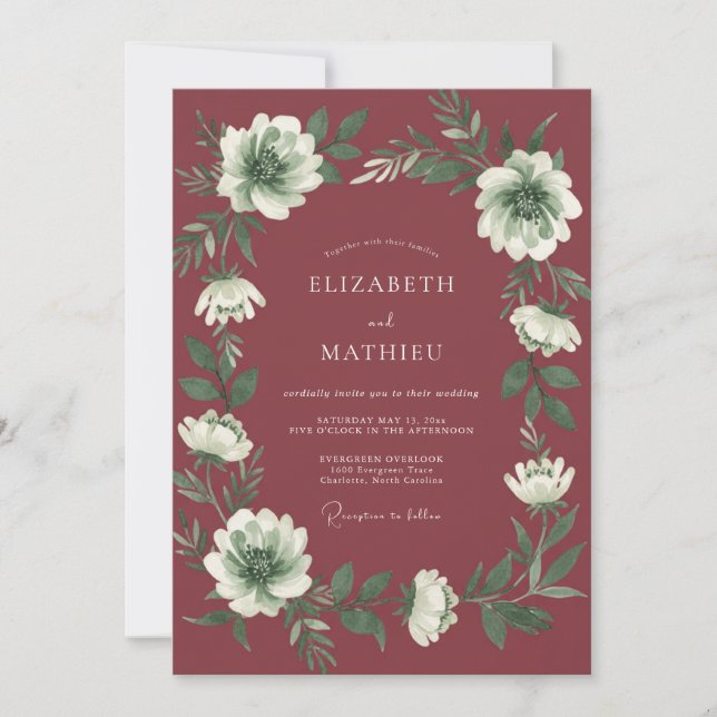 Deep Rose Botanical Watercolor Wedding Invitation (Front)