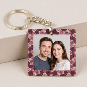 Deep Rose Floral Border Frame Photo Key Ring