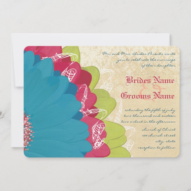 Deep Rose Teal & Citrus Lime Gerber Wedding Invite (Front)