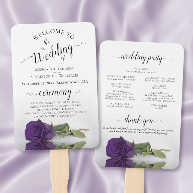 Deep Royal Purple Rose Elegant Wedding Program Hand Fan (Front/Back)