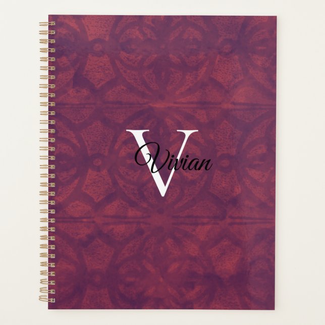 Deep Ruby Batik Elegant Monogram Name Planner (Front)