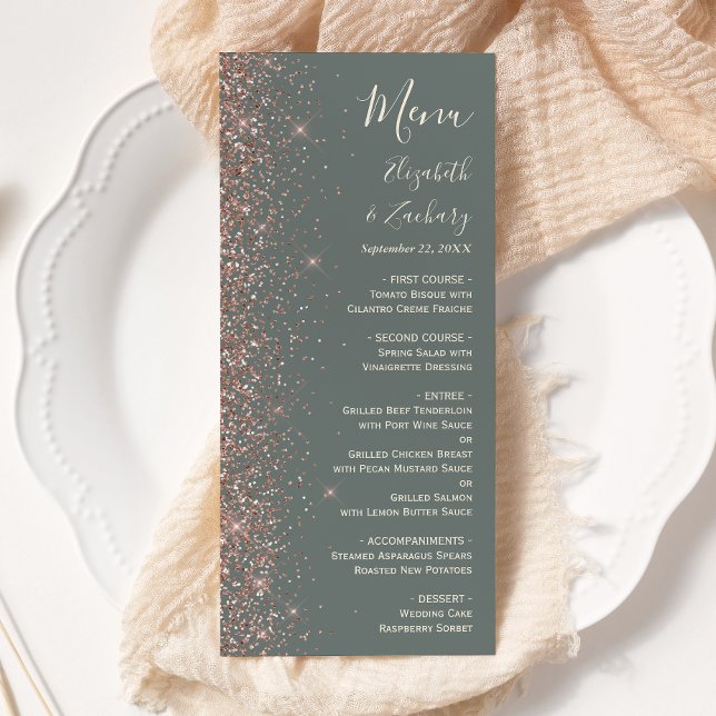 Deep Sage Green Rose Gold Glitter Edge Wedding Menu (Creator Uploaded)