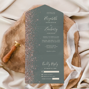 Deep Sage Green Rose Gold Glitter Wedding All In One Invitation