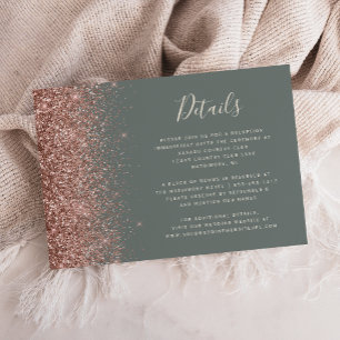 Deep Sage Green Rose Gold Glitter Wedding Details Enclosure Card