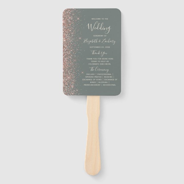 Deep Sage Green Rose Gold Glitter Wedding Program Hand Fan (Front)