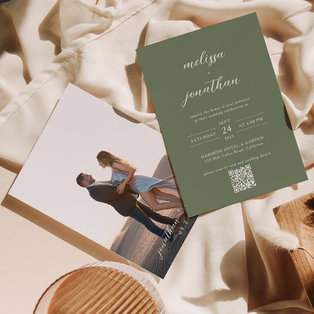 Deep Sage Green Script Photo QR Code Wedding Invitation (Creator Uploaded)